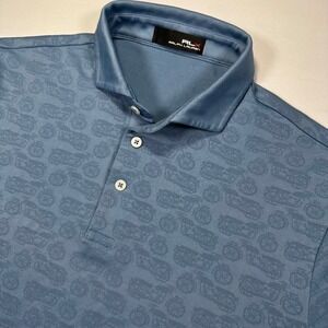 RLX Ralph Lauren Golf Polo Shirt Motorcycle Print Blue Men's Medium Short Sleeve